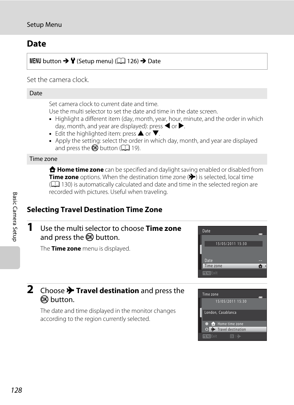 Date, A 128), A 128 | Selecting travel destination time zone, Choose x travel destination and press the k button | Nikon S2500 User Manual | Page 140 / 184