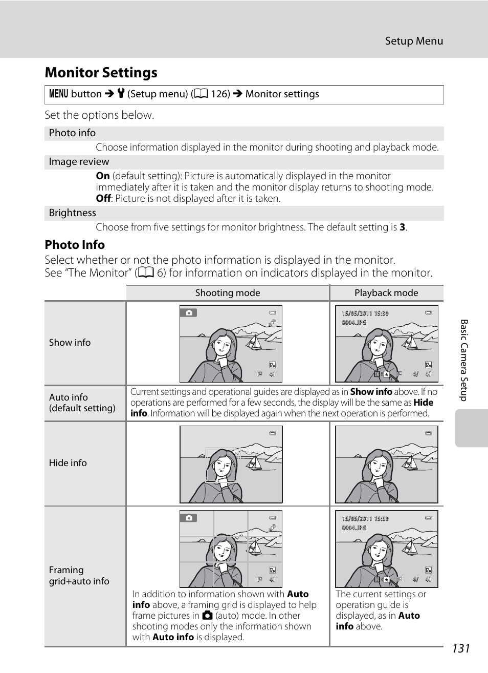 Monitor settings, A 131), Off after a few seconds | Ings, A 131, Photo info, Set the options below, Setup menu | Nikon S2500 User Manual | Page 143 / 184