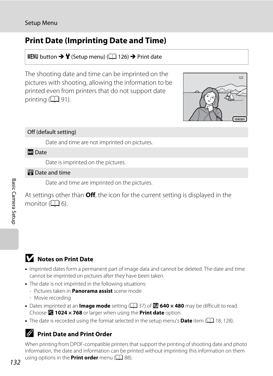 Print date (imprinting date and time), A 132), Tion | A 132) i, A 132 | Nikon S2500 User Manual | Page 144 / 184