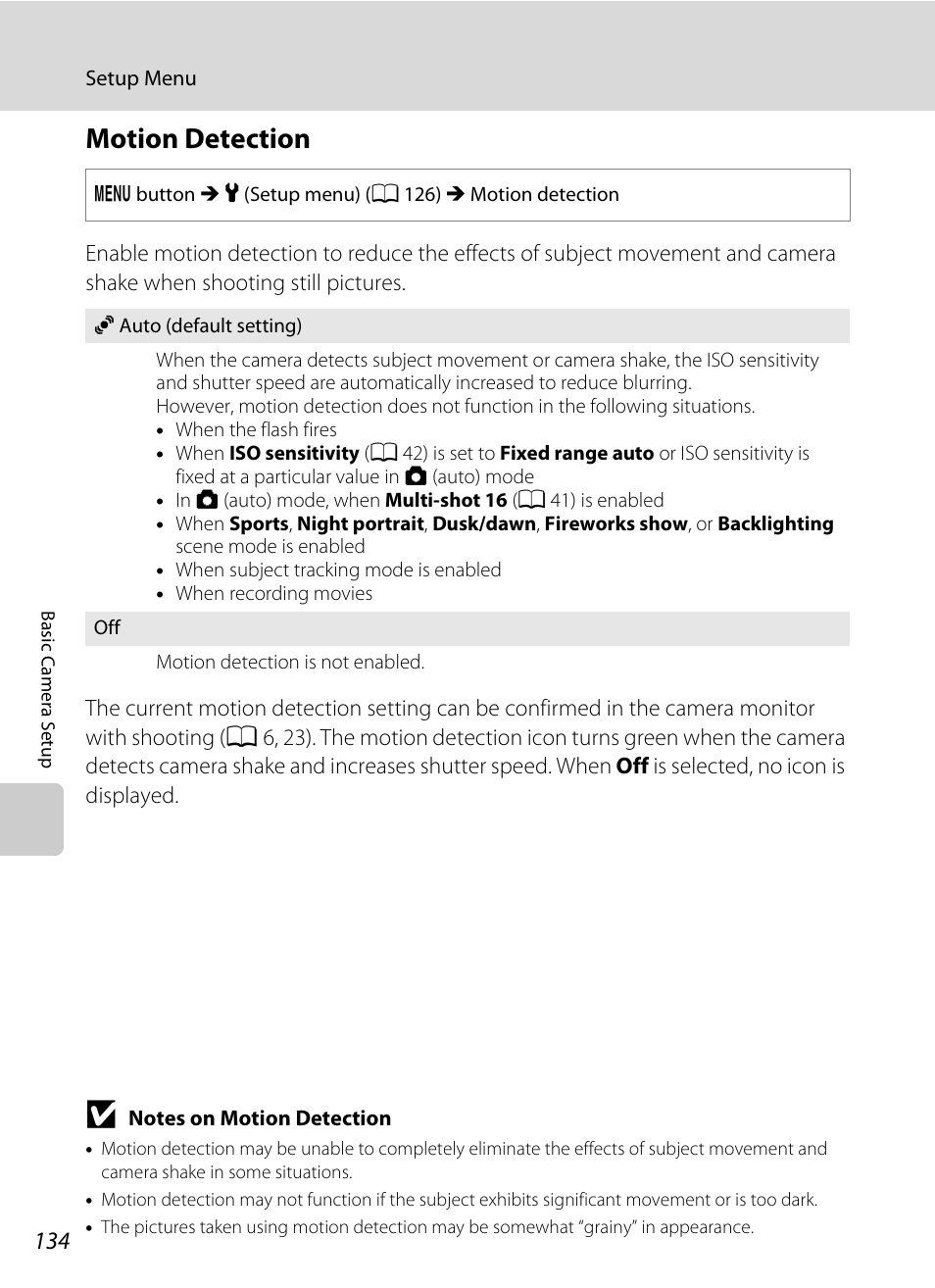 Motion detection, A 134) i, A 134) | A 134 | Nikon S2500 User Manual | Page 146 / 184