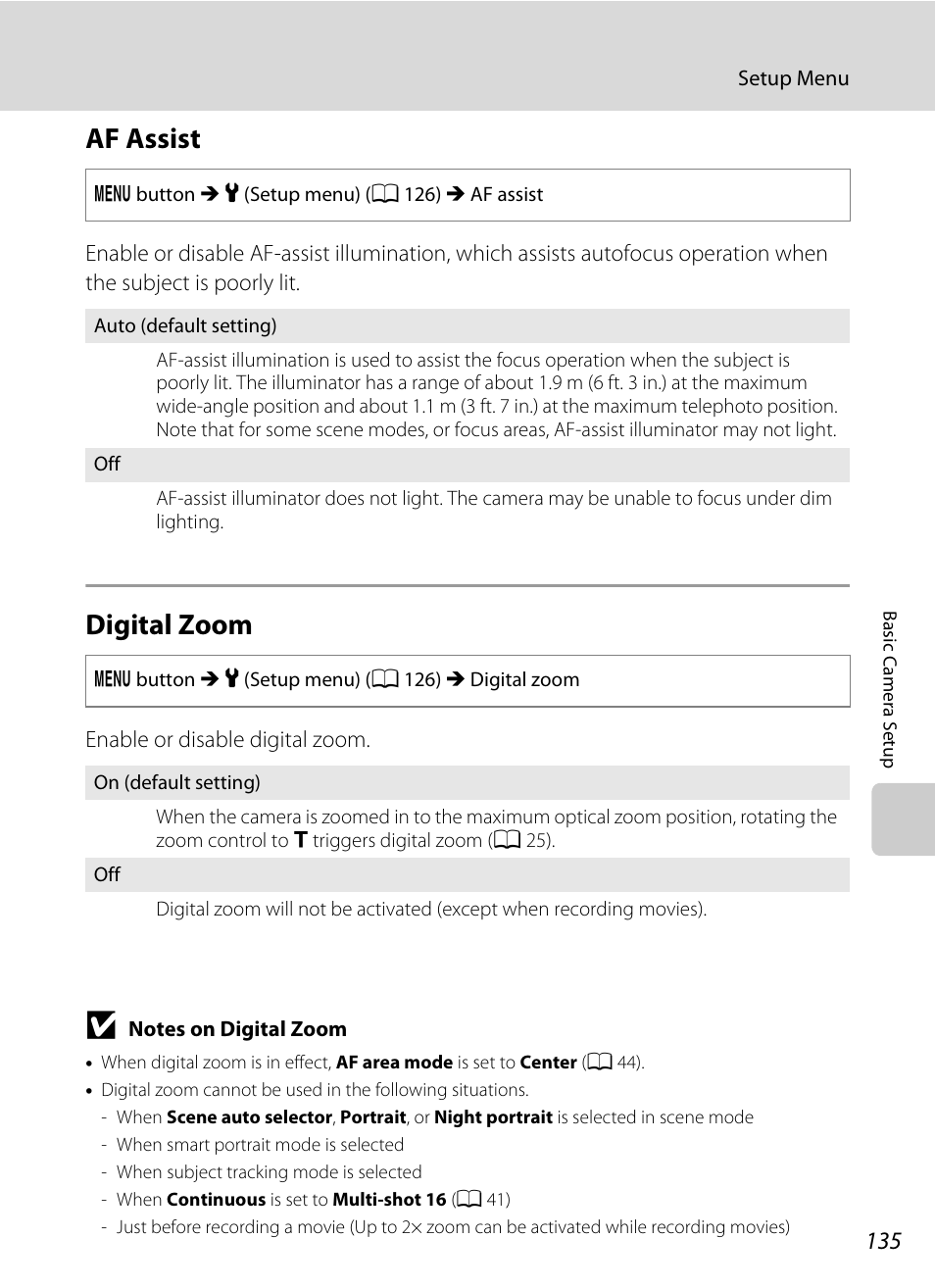 Af assist, Digital zoom, Af assist digital zoom | A 135) in, A 135) may l, Ee “notes on digital zoom, A 135), A 135) does not, A 135 | Nikon S2500 User Manual | Page 147 / 184