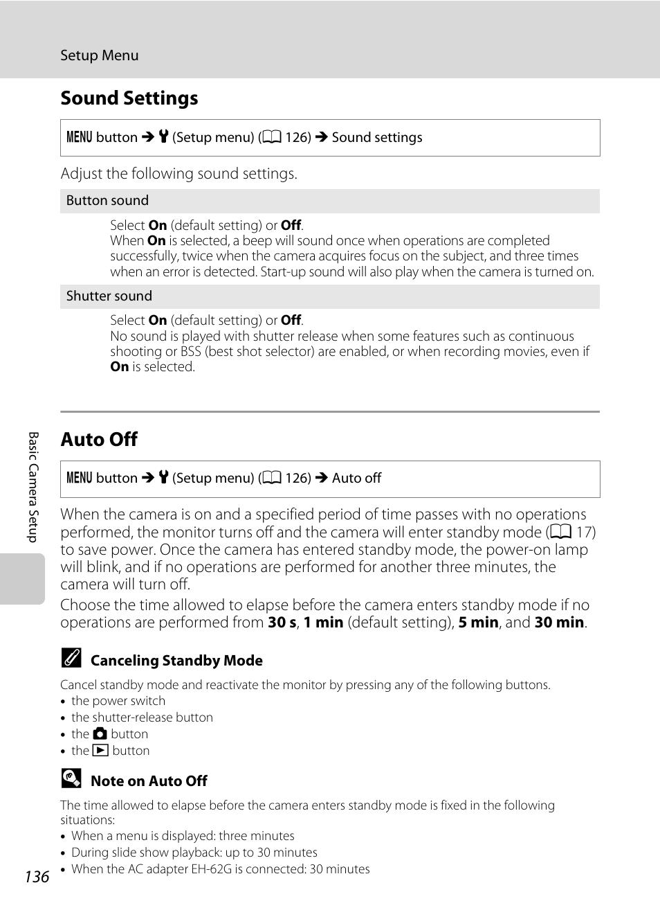 Sound settings, Auto off, Sound settings auto off | A 136), A 136) in, A 136) i, A 136 | Nikon S2500 User Manual | Page 148 / 184