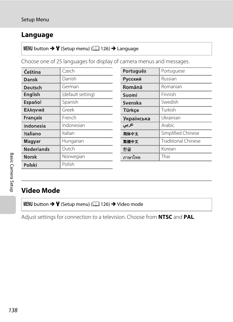Language, Video mode, Language video mode | A 138 | Nikon S2500 User Manual | Page 150 / 184