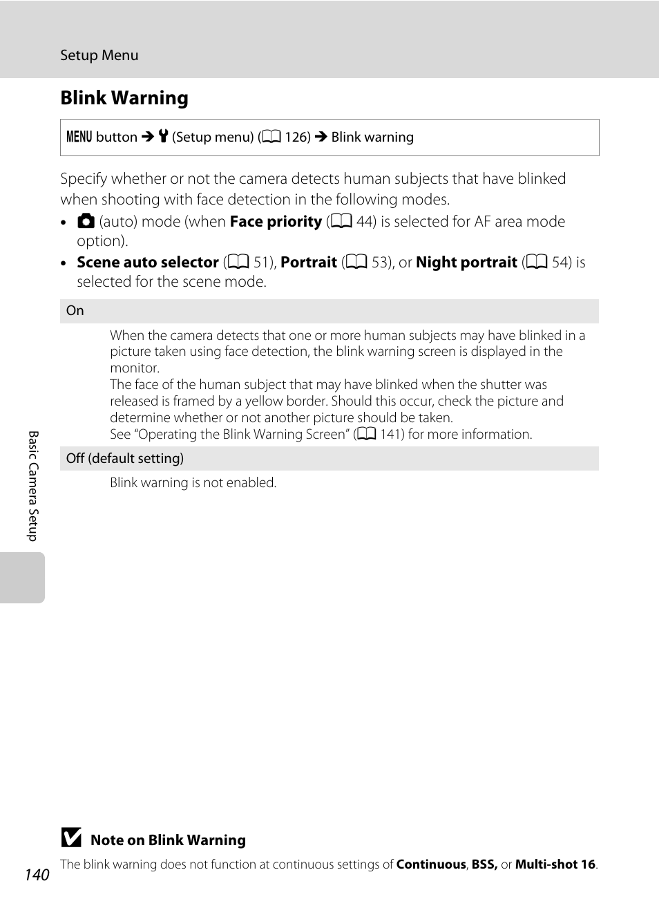 Blink warning, A 140), A 140 | Nikon S2500 User Manual | Page 152 / 184