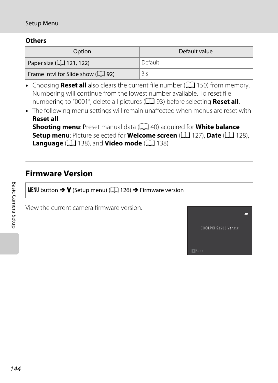 Firmware version, A 144 | Nikon S2500 User Manual | Page 156 / 184