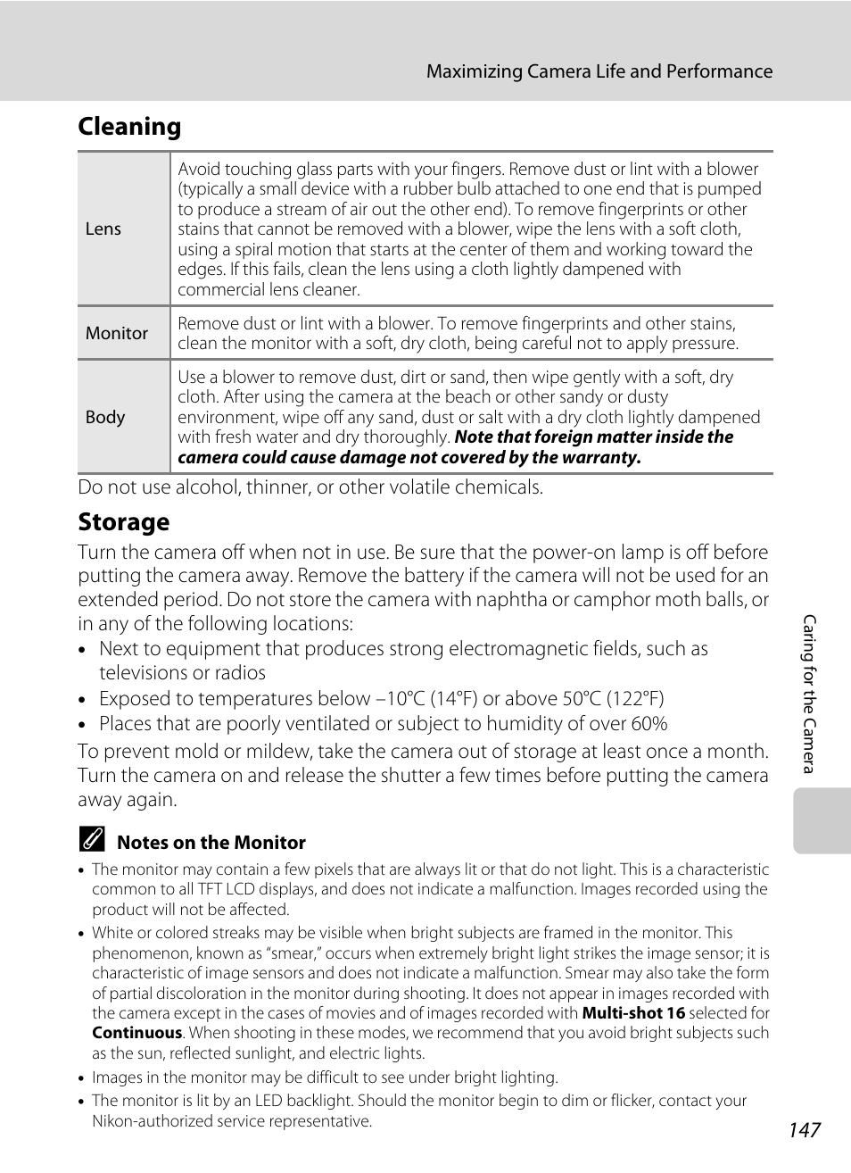 Cleaning, Storage, Cleaning storage | A 147) v, Smear (a 147) visib | Nikon S2500 User Manual | Page 159 / 184