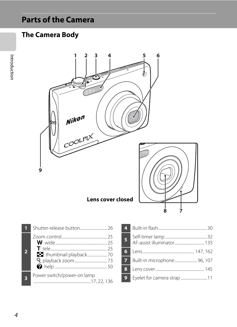 Parts of the camera, The camera body | Nikon S2500 User Manual | Page 16 / 184