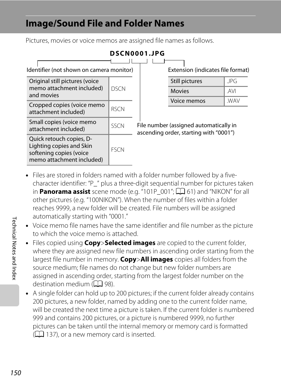 Image/sound file and folder names, A 150) for, A 150) | A 150). onl, A 150). the editing f | Nikon S2500 User Manual | Page 162 / 184