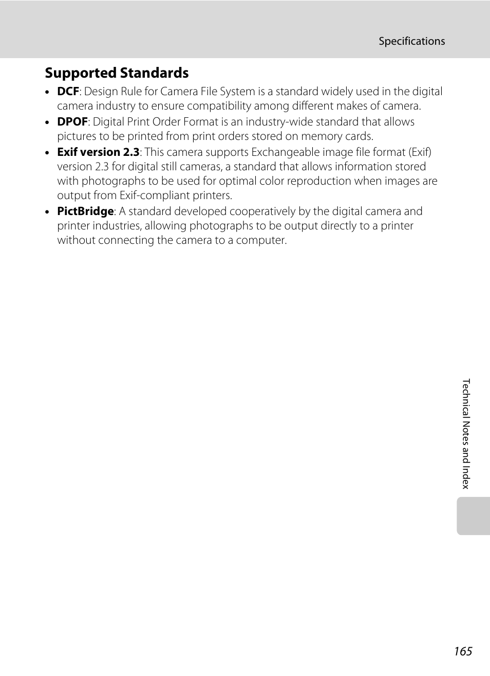 Supported standards, A 165) pr, Tible | A 165) printers | Nikon S2500 User Manual | Page 177 / 184