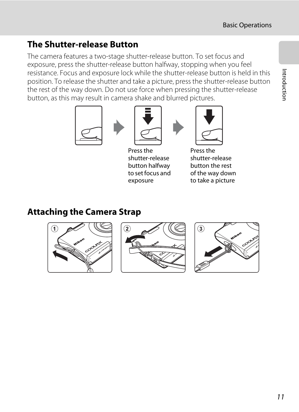 The shutter-release button, Attaching the camera strap | Nikon S2500 User Manual | Page 23 / 184