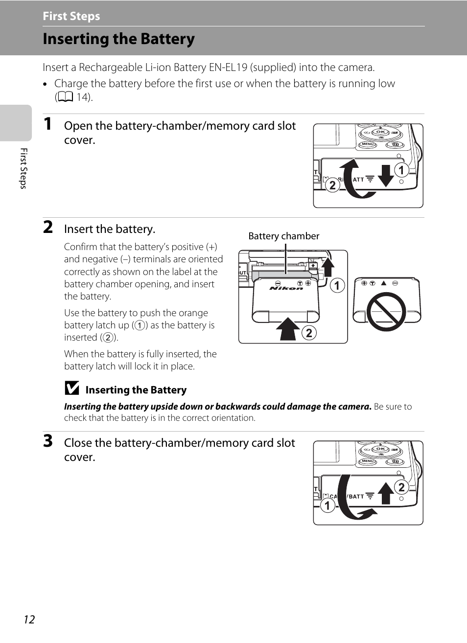 First steps, Inserting the battery | Nikon S2500 User Manual | Page 24 / 184