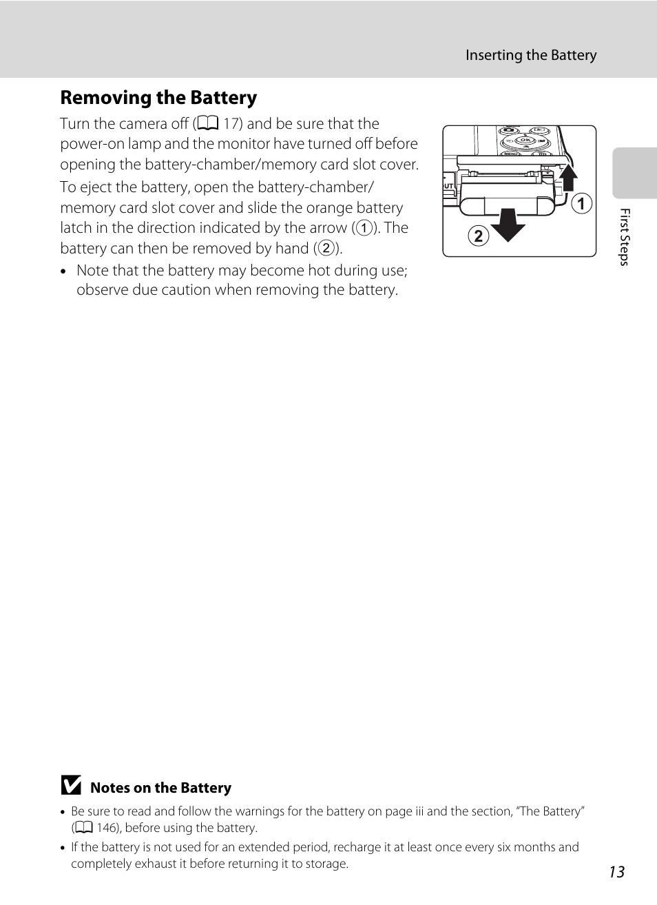 Removing the battery | Nikon S2500 User Manual | Page 25 / 184