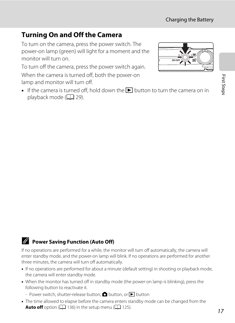 Turning on and off the camera, A 17) and be sure | Nikon S2500 User Manual | Page 29 / 184