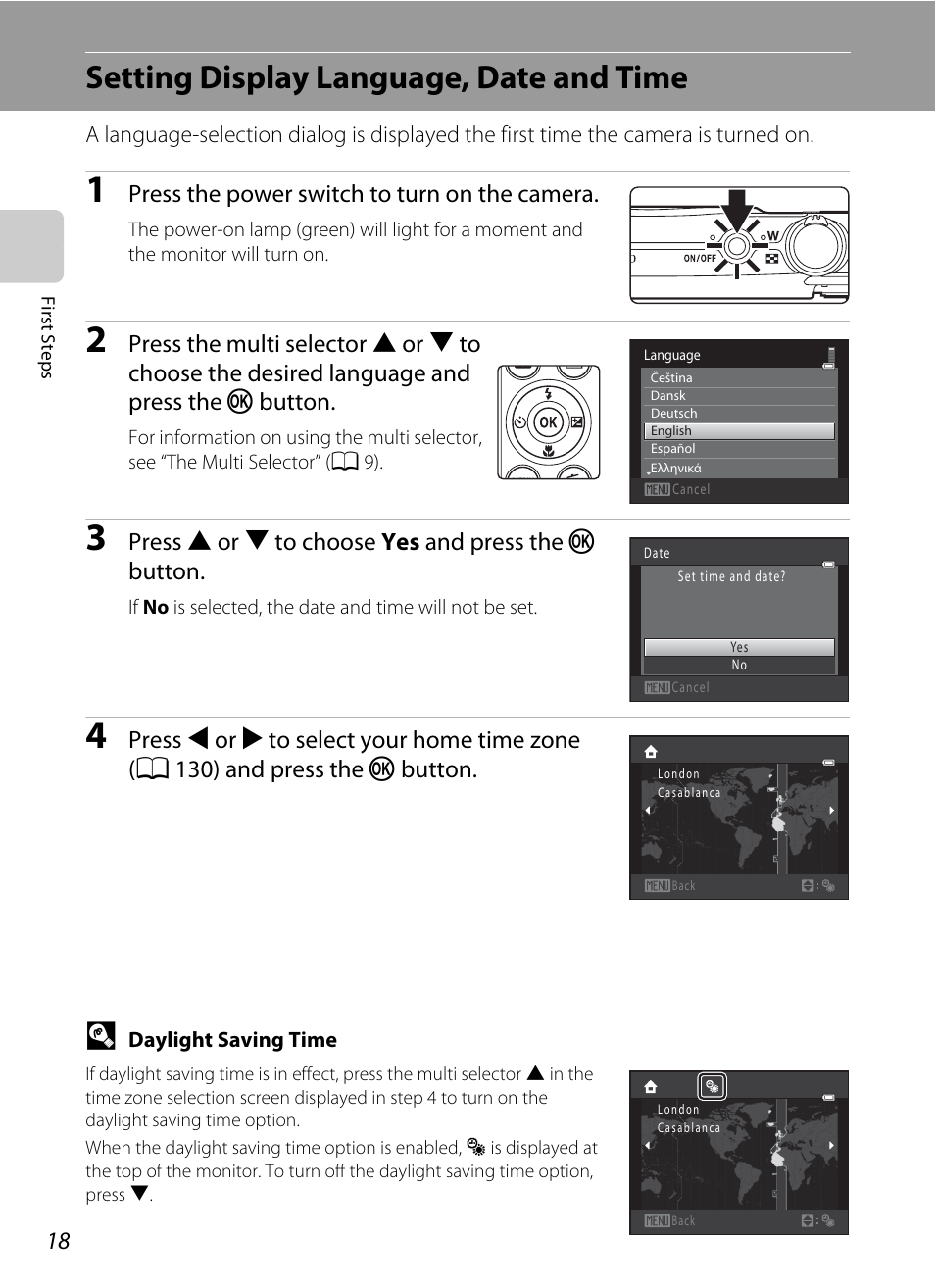 Setting display language, date and time, Press the power switch to turn on the camera, Press h or i to choose yes and press the k button | Nikon S2500 User Manual | Page 30 / 184