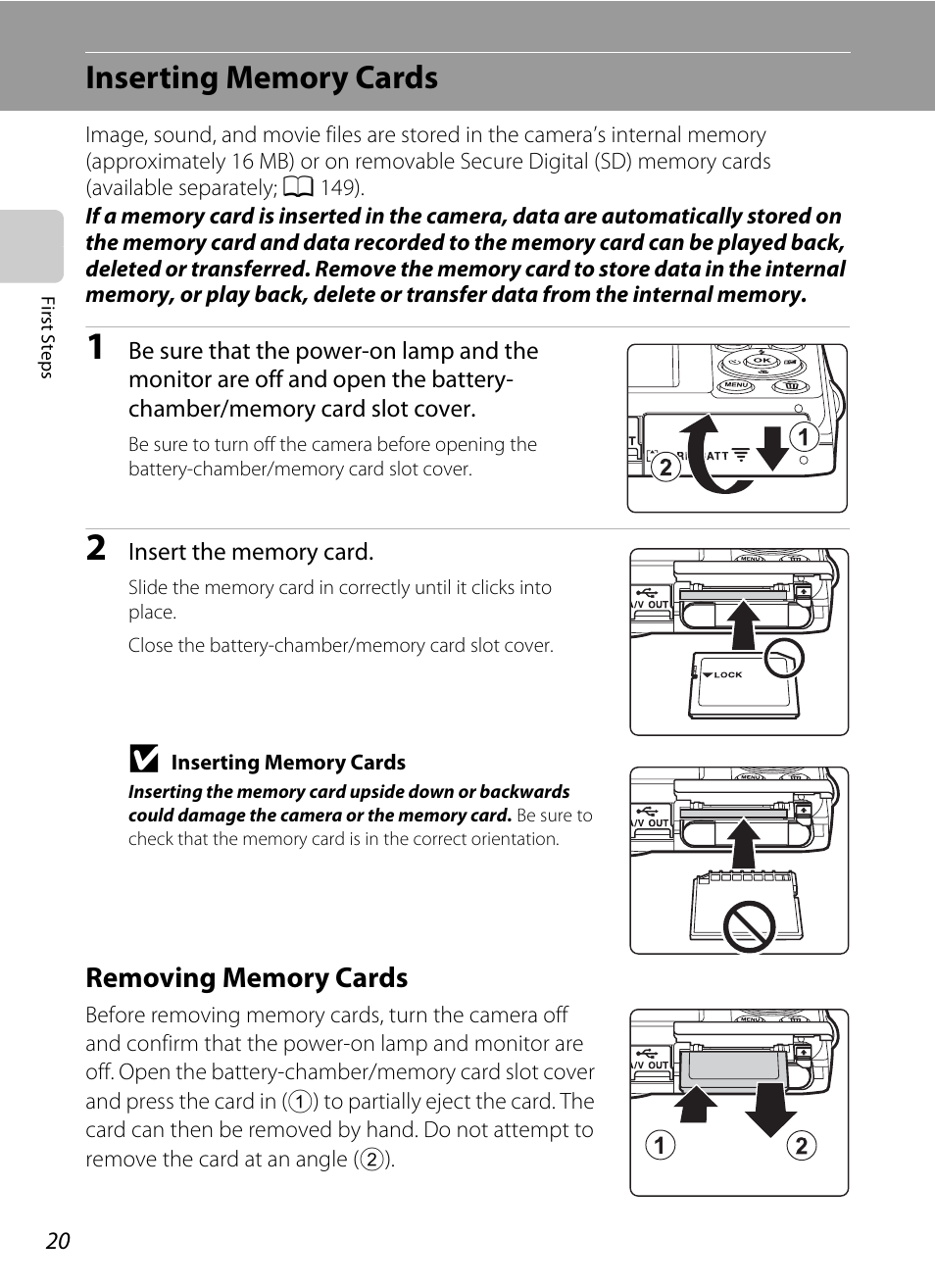 Inserting memory cards, Removing memory cards | Nikon S2500 User Manual | Page 32 / 184