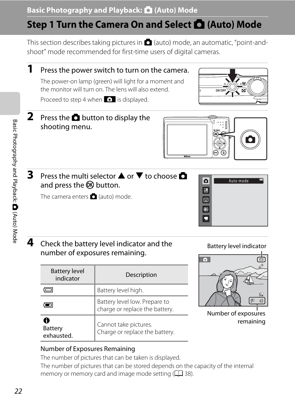 Basic photography and playback: auto mode, Step 1 turn the camera on and select auto mode, Basic photography and playback: a (auto) mode | Step 1 turn the camera on and select a (auto) mode | Nikon S2500 User Manual | Page 34 / 184