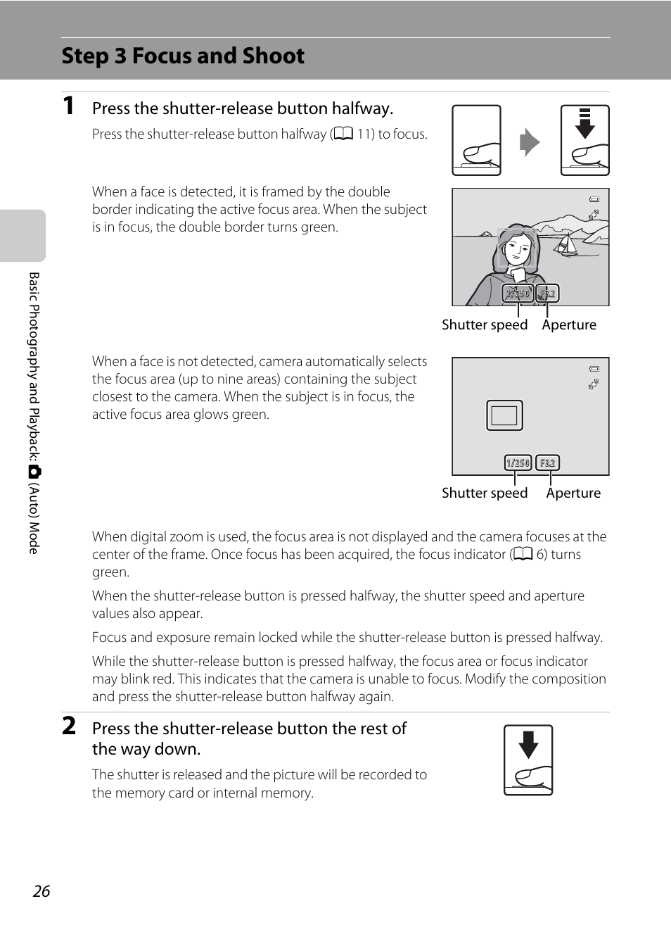 Step 3 focus and shoot, Press the shutter-release button halfway | Nikon S2500 User Manual | Page 38 / 184