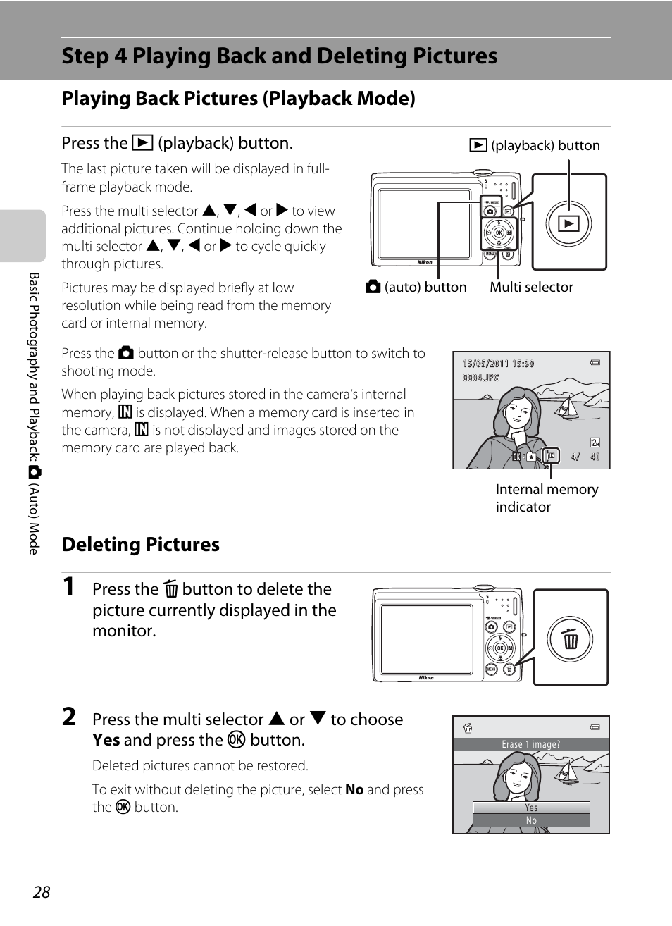 Step 4 playing back and deleting pictures, Playing back pictures (playback mode), Deleting pictures | Press the c (playback) button | Nikon S2500 User Manual | Page 40 / 184