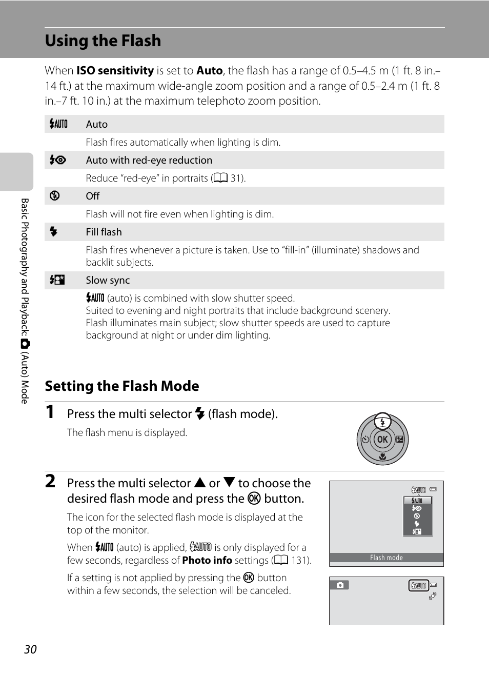 Using the flash, Setting the flash mode, A 30) menu | A 30) can, A 30) | Nikon S2500 User Manual | Page 42 / 184