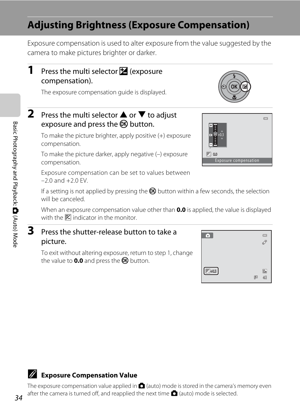 Adjusting brightness (exposure compensation), A 34) gu, A 34) can be | Nikon S2500 User Manual | Page 46 / 184