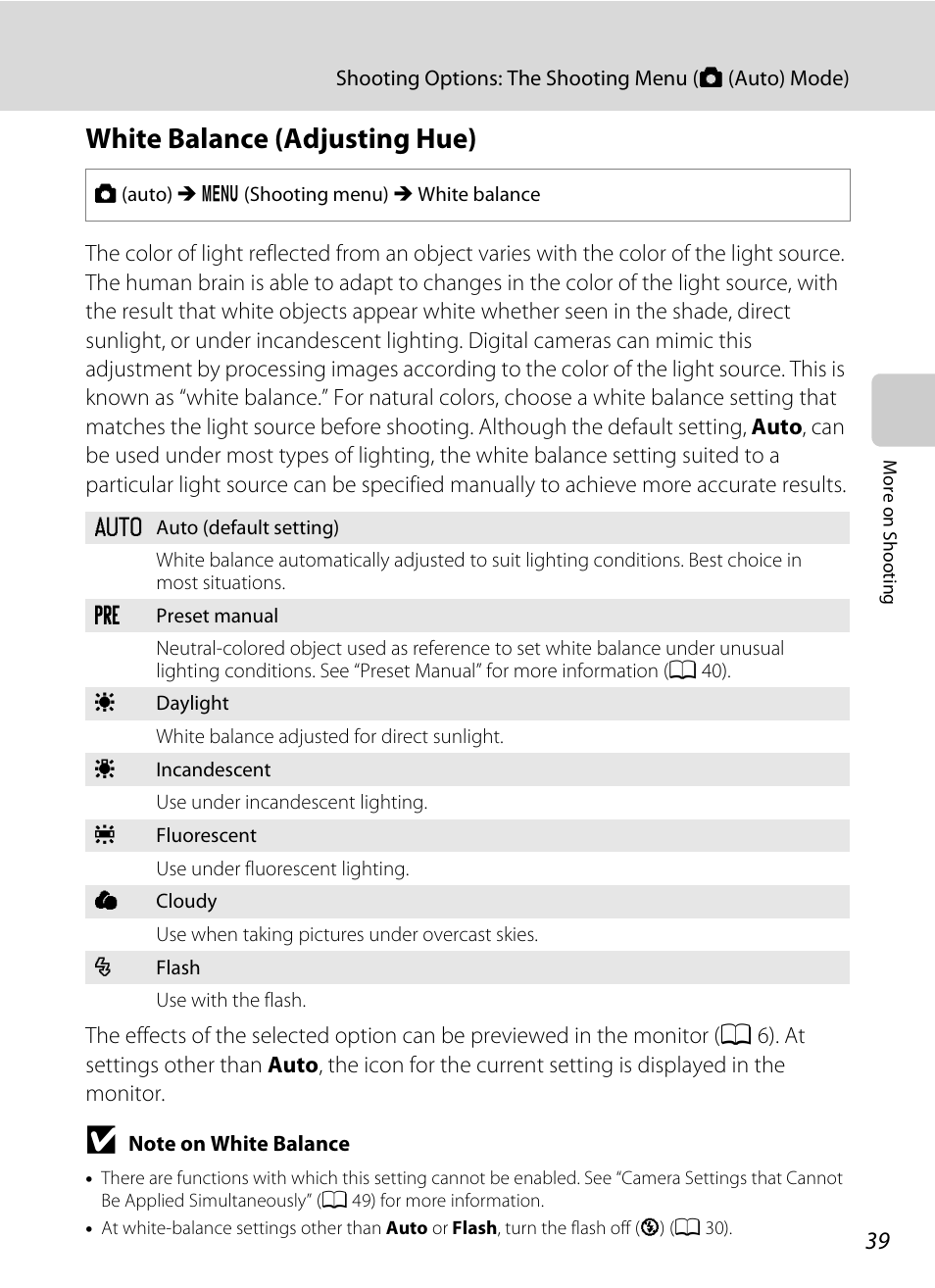 White balance (adjusting hue), A 39 | Nikon S2500 User Manual | Page 51 / 184