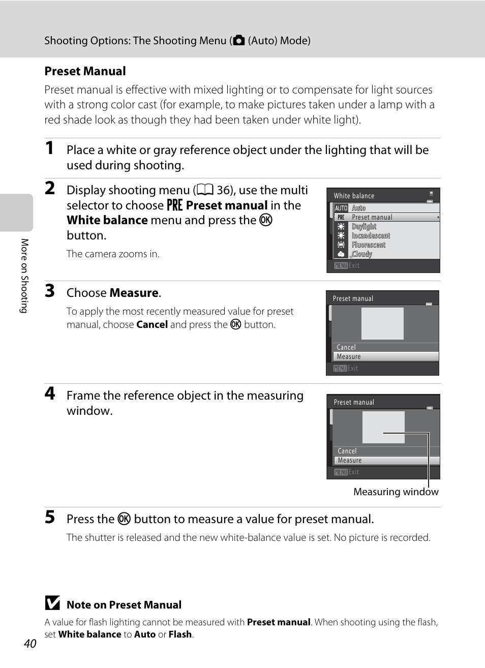 Preset manual” for more, A 40), Preset manual | Choose measure, Frame the reference object in the measuring window | Nikon S2500 User Manual | Page 52 / 184