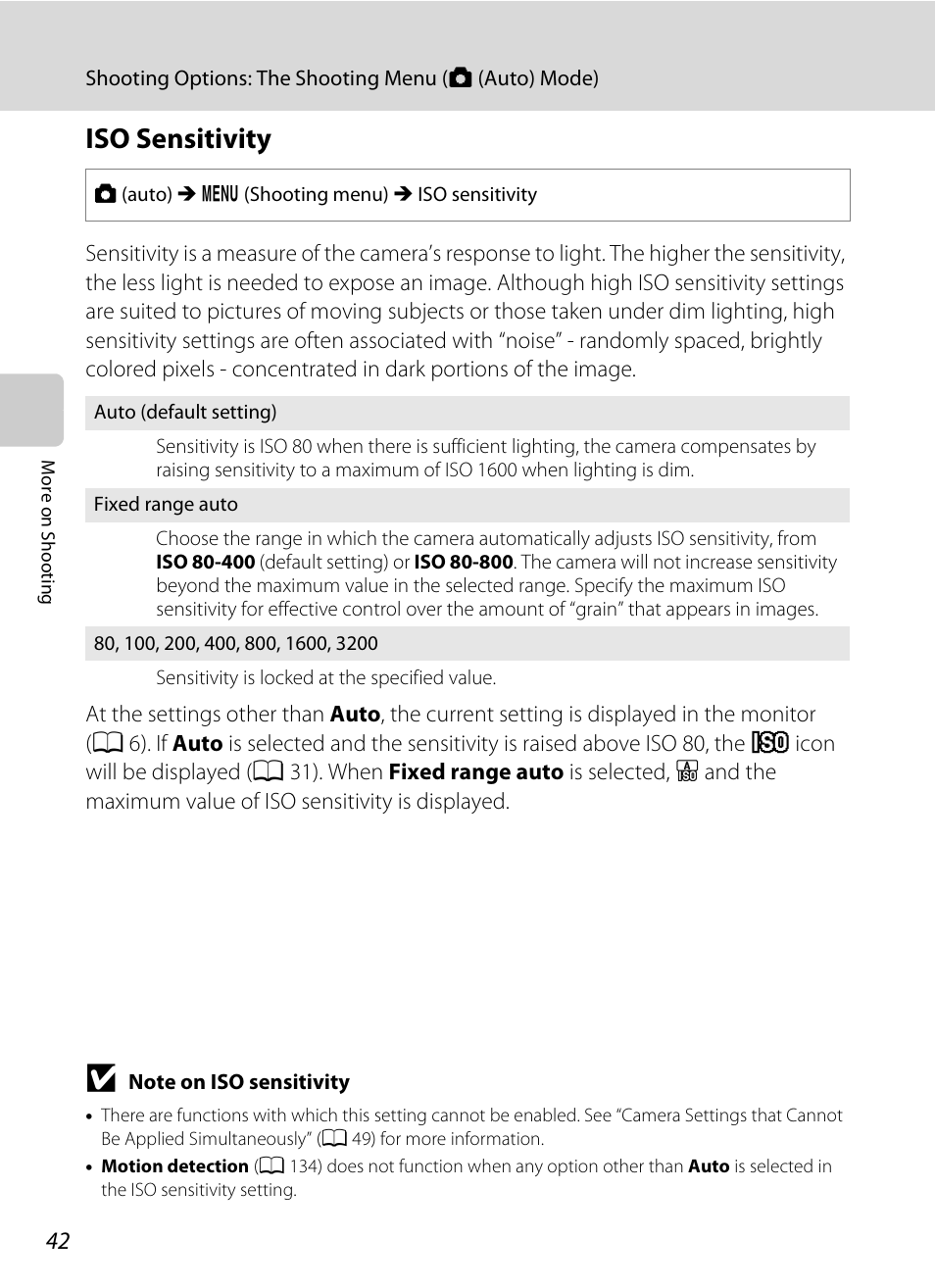 Iso sensitivity, A 42 | Nikon S2500 User Manual | Page 54 / 184