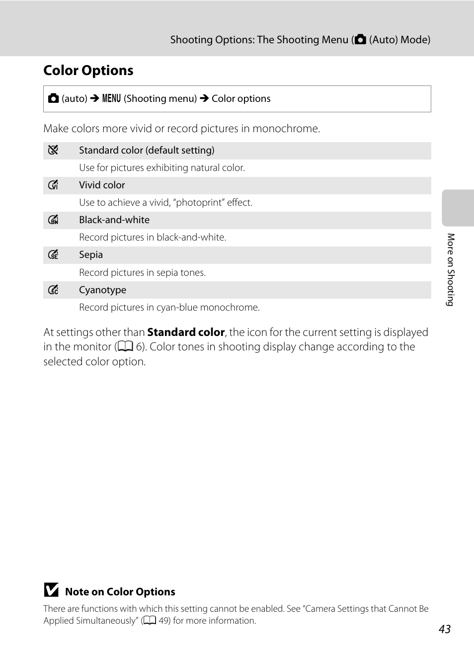 Color options, A 43 | Nikon S2500 User Manual | Page 55 / 184