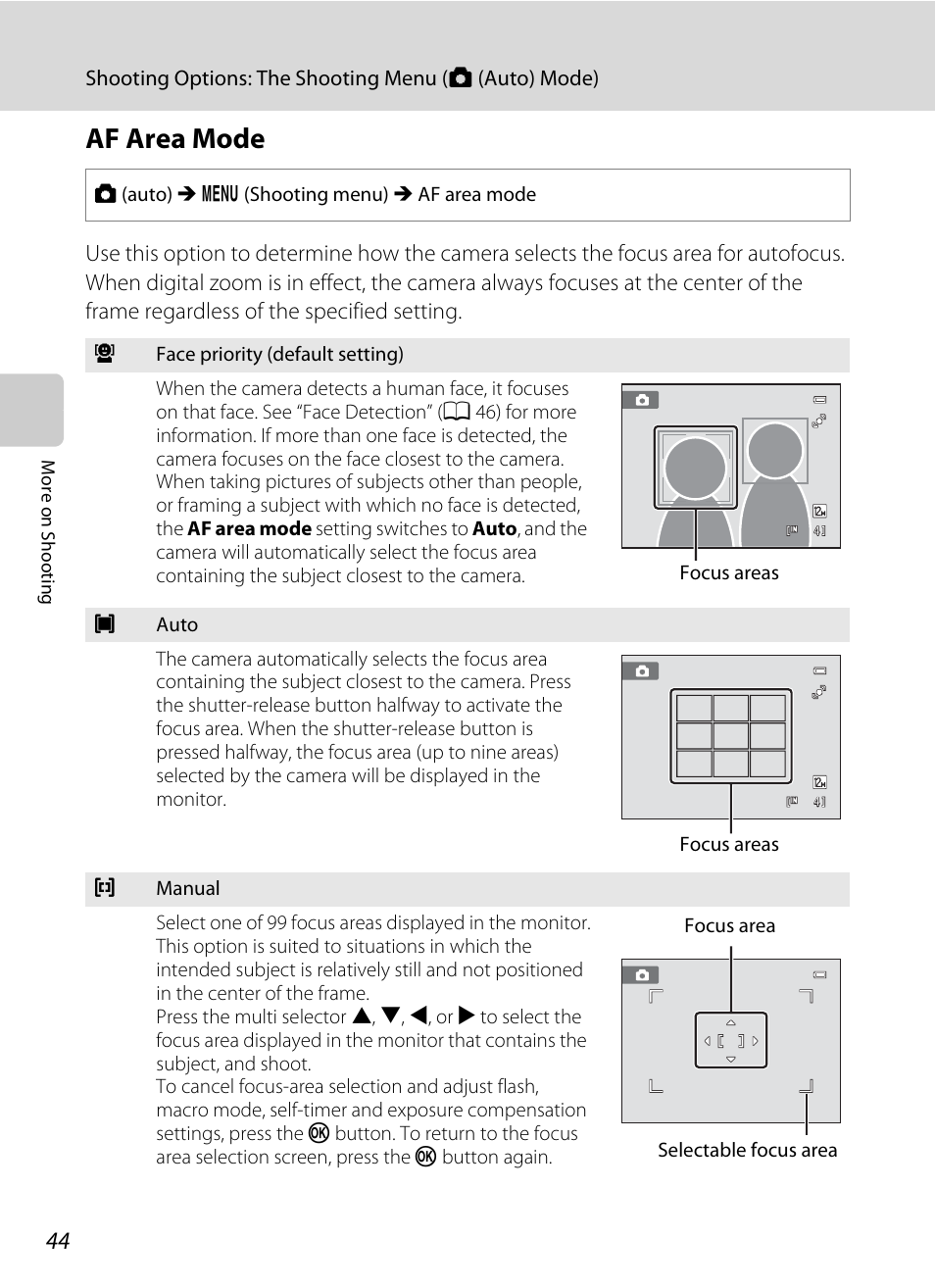 Af area mode, A 44) and, A 44 | Nikon S2500 User Manual | Page 56 / 184