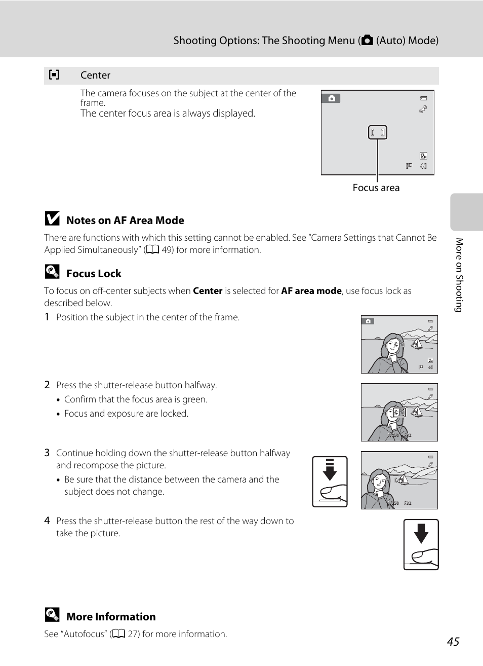 Lock, A 45), Focus lock | More information | Nikon S2500 User Manual | Page 57 / 184