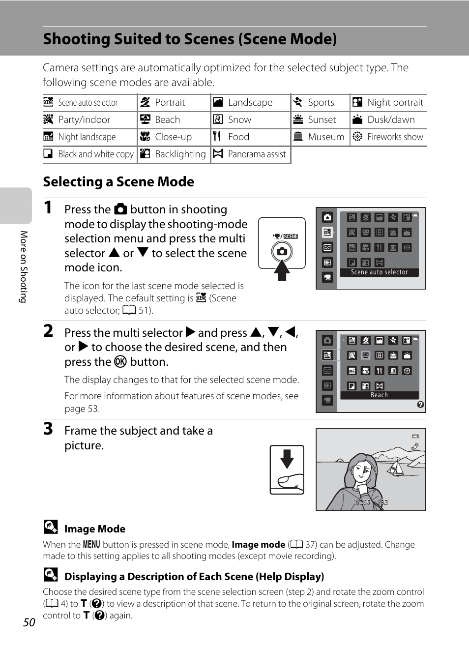 Shooting suited to scenes (scene mode), Selecting a scene mode, A 50 | Nikon S2500 User Manual | Page 62 / 184