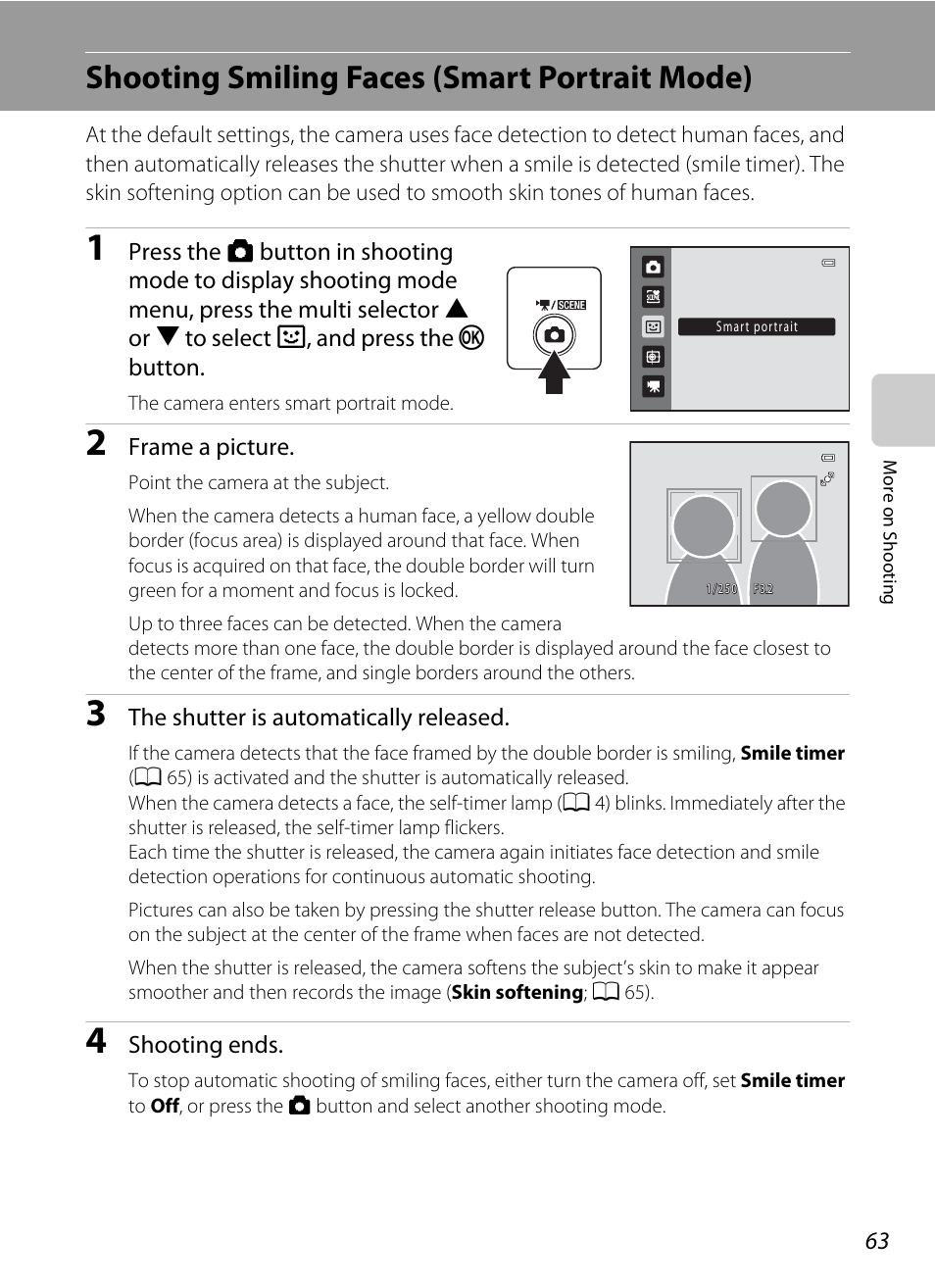 Shooting smiling faces (smart portrait mode), A 63, Mode (a 63) | 63) is act | Nikon S2500 User Manual | Page 75 / 184