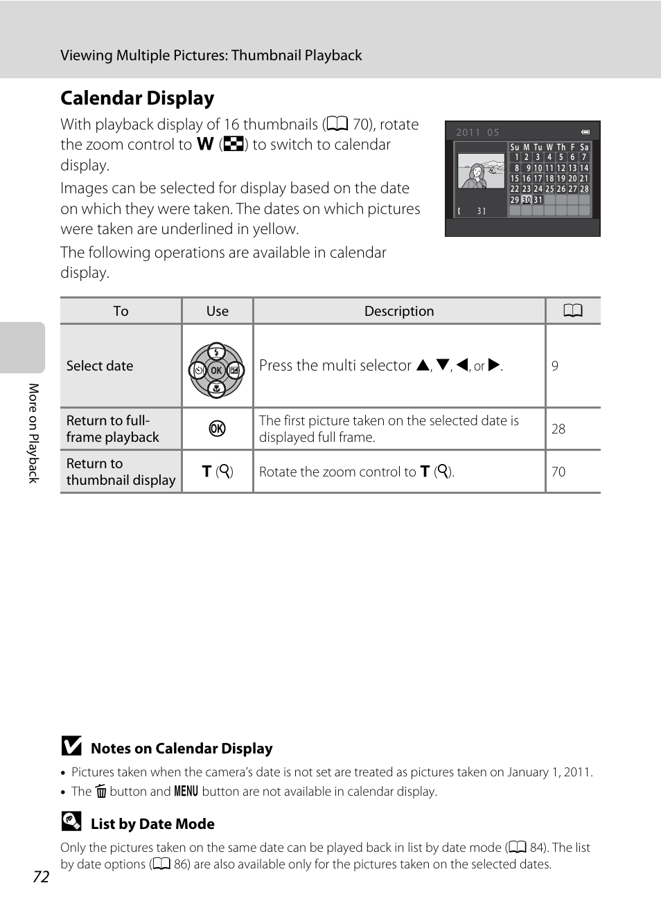 Calendar display, A 72), Press the multi selector | Viewing multiple pictures: thumbnail playback, List by date mode | Nikon S2500 User Manual | Page 84 / 184