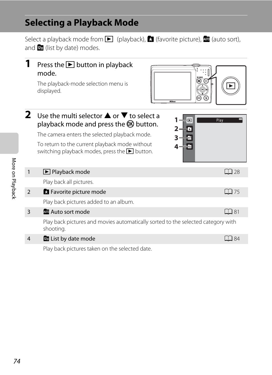 Selecting a playback mode | Nikon S2500 User Manual | Page 86 / 184