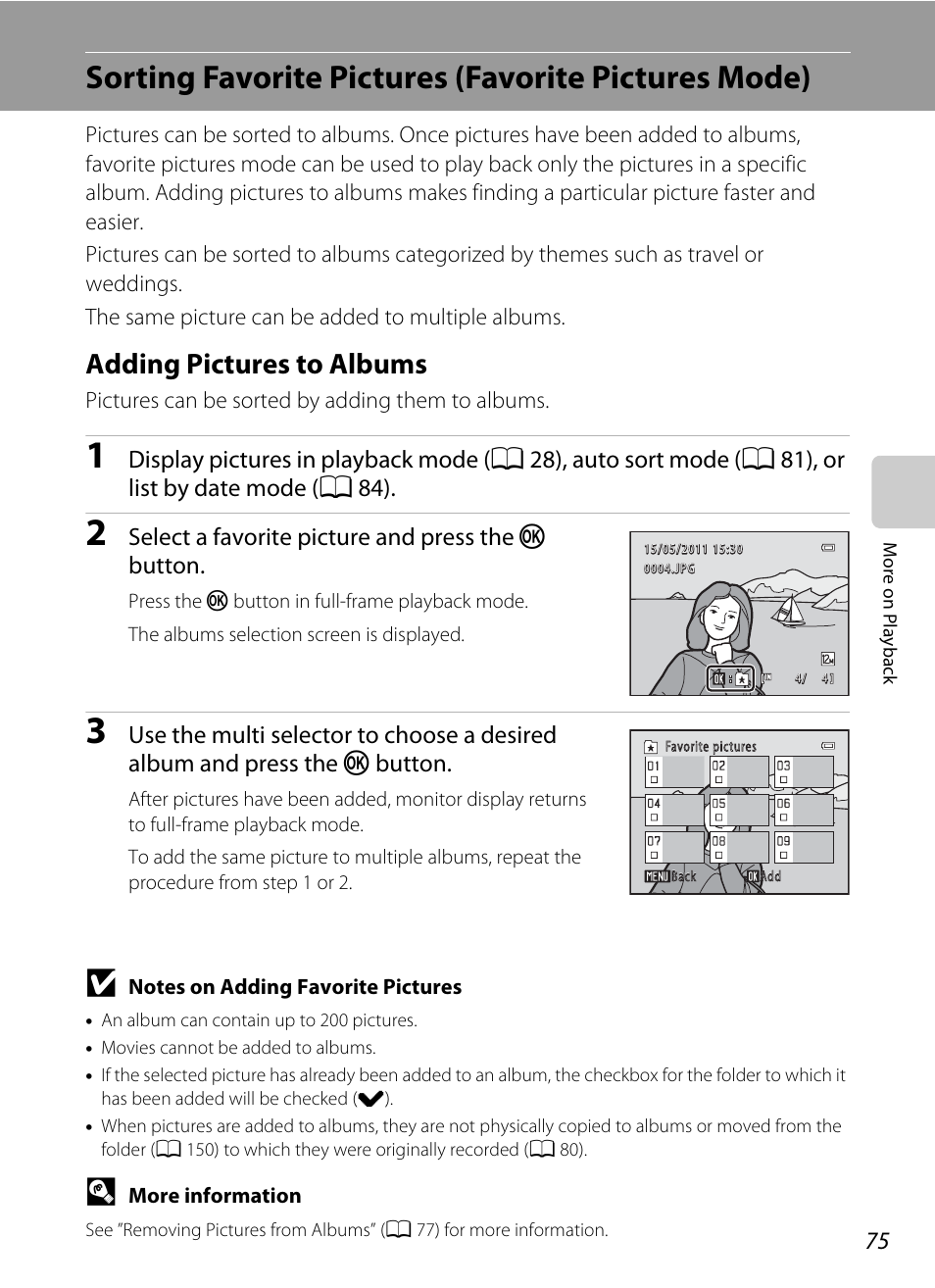Sorting favorite pictures (favorite pictures mode), Adding pictures to albums, A 75) | A 75 | Nikon S2500 User Manual | Page 87 / 184
