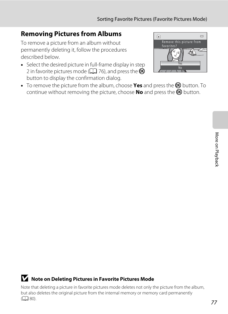 Removing pictures from albums, Ee ”removing pictures from albums, A 77) f | Nikon S2500 User Manual | Page 89 / 184