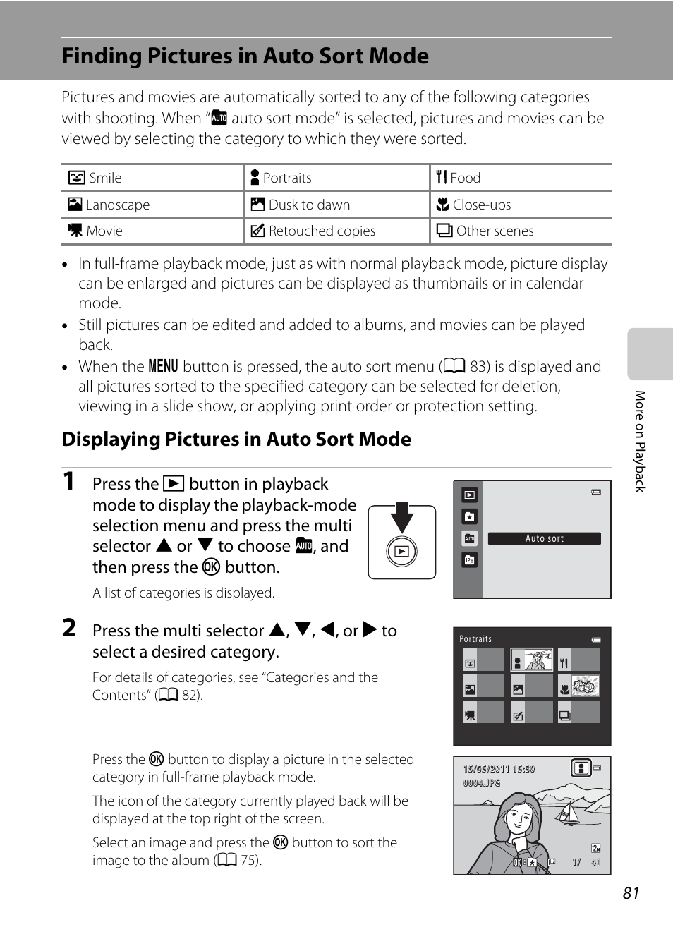 Finding pictures in auto sort mode, Displaying pictures in auto sort mode, A 81) | A 81, A 81), or | Nikon S2500 User Manual | Page 93 / 184