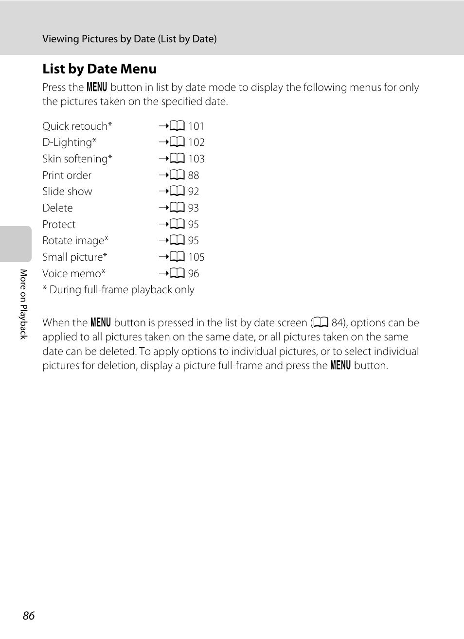 List by date menu, A 86), A 86 | Nikon S2500 User Manual | Page 98 / 184