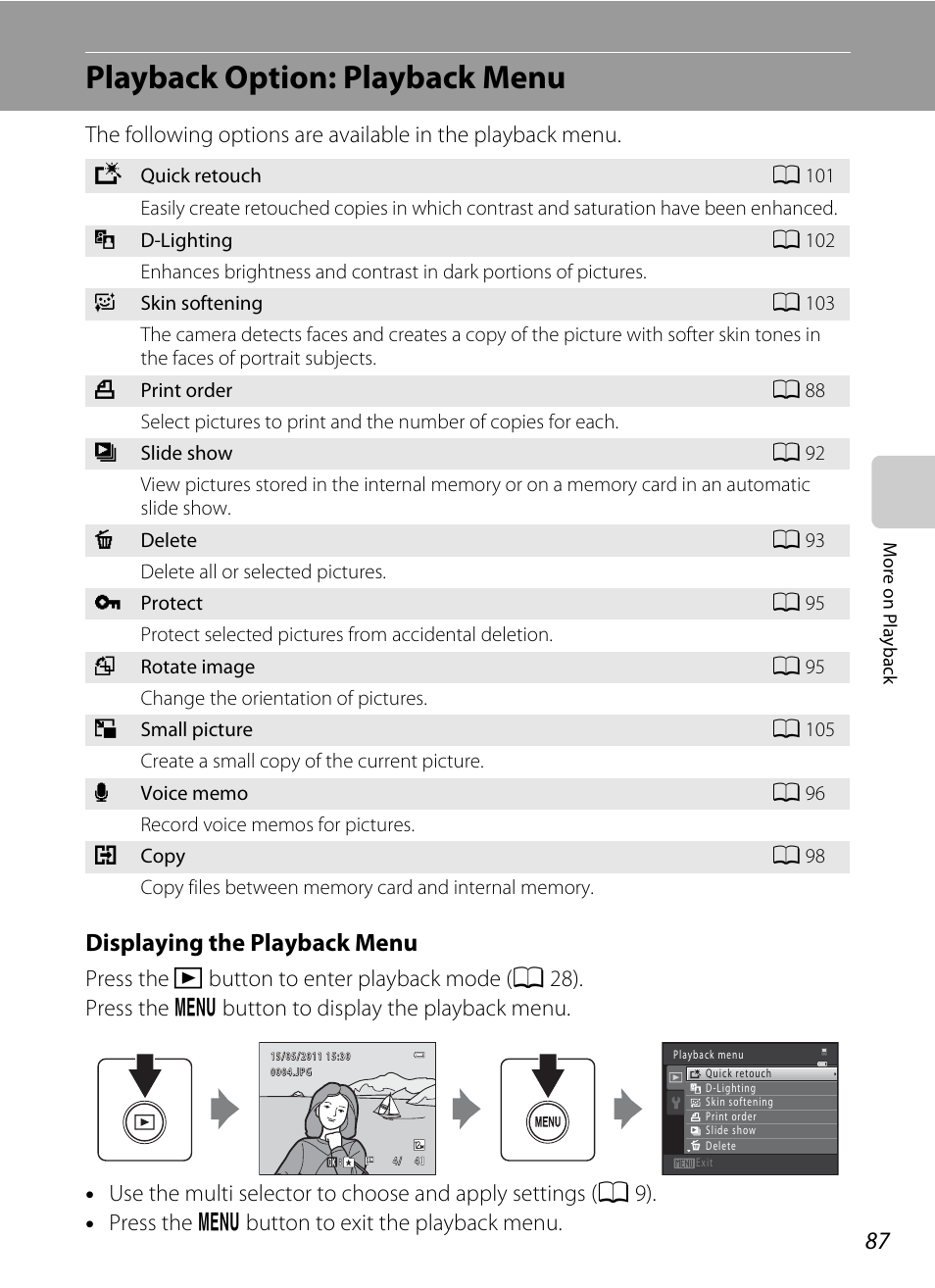 Playback option: playback menu, A 87), the, Displaying the playback menu | Nikon S2500 User Manual | Page 99 / 184