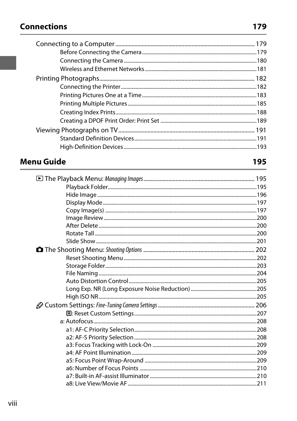 Connections 179, Menu guide 195 | Nikon D7000 User Manual | Page 10 / 348