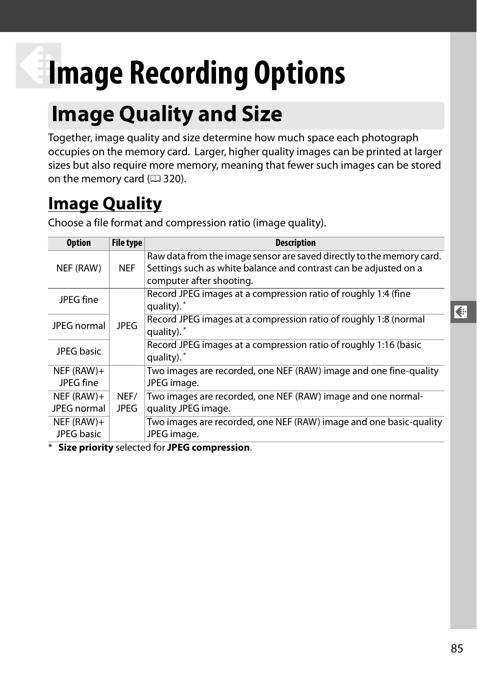 Image recording options, Image quality and size, Image quality | Nikon D7000 User Manual | Page 105 / 348