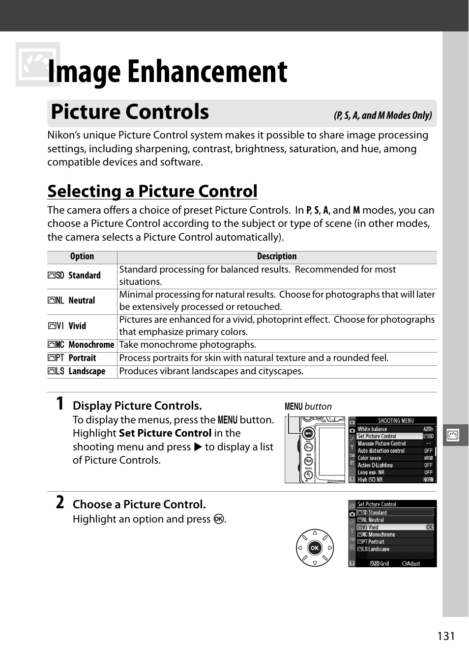 Image enhancement, Picture controls, Selecting a picture control | Nikon D7000 User Manual | Page 151 / 348