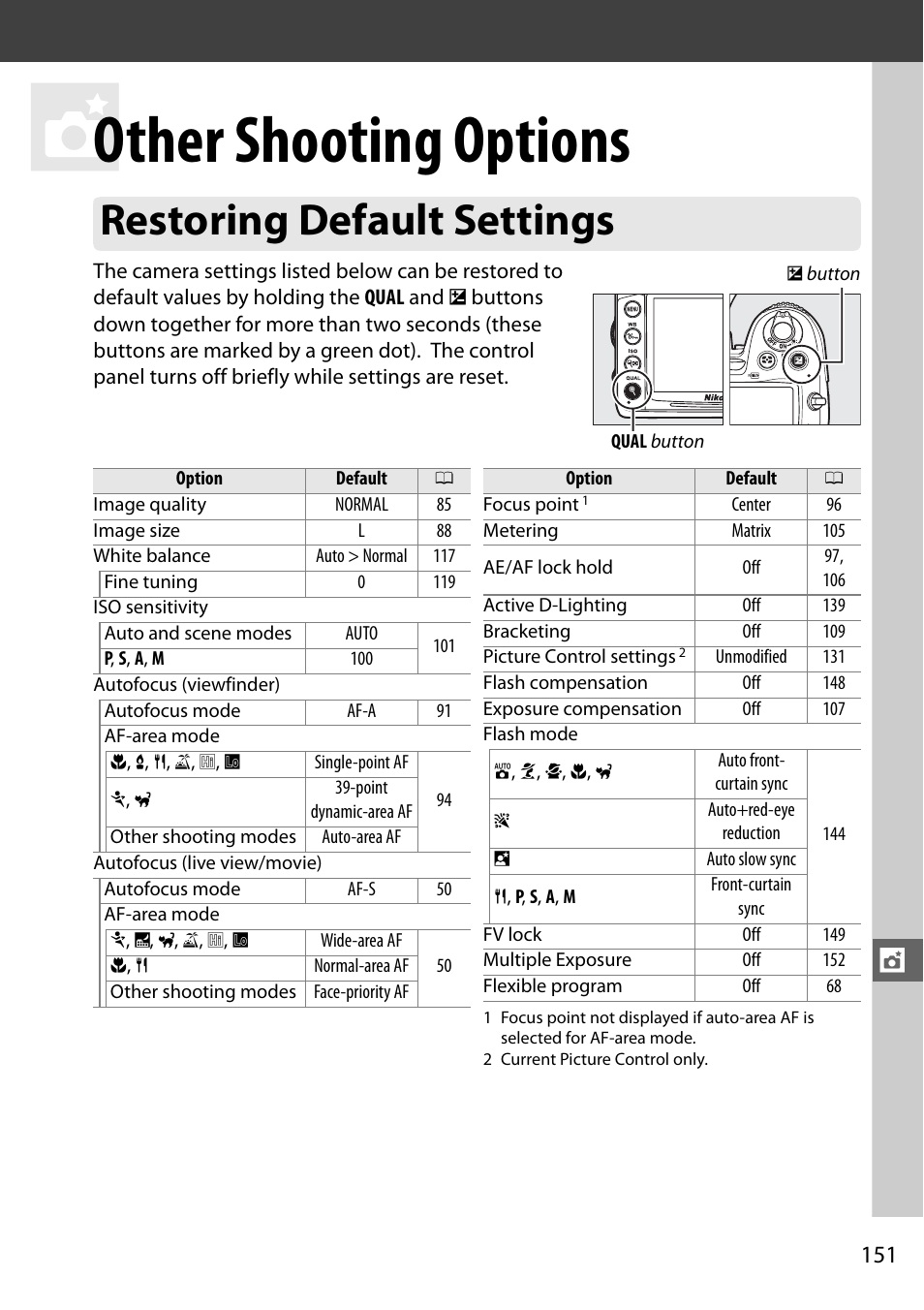 Other shooting options, Restoring default settings | Nikon D7000 User Manual | Page 171 / 348