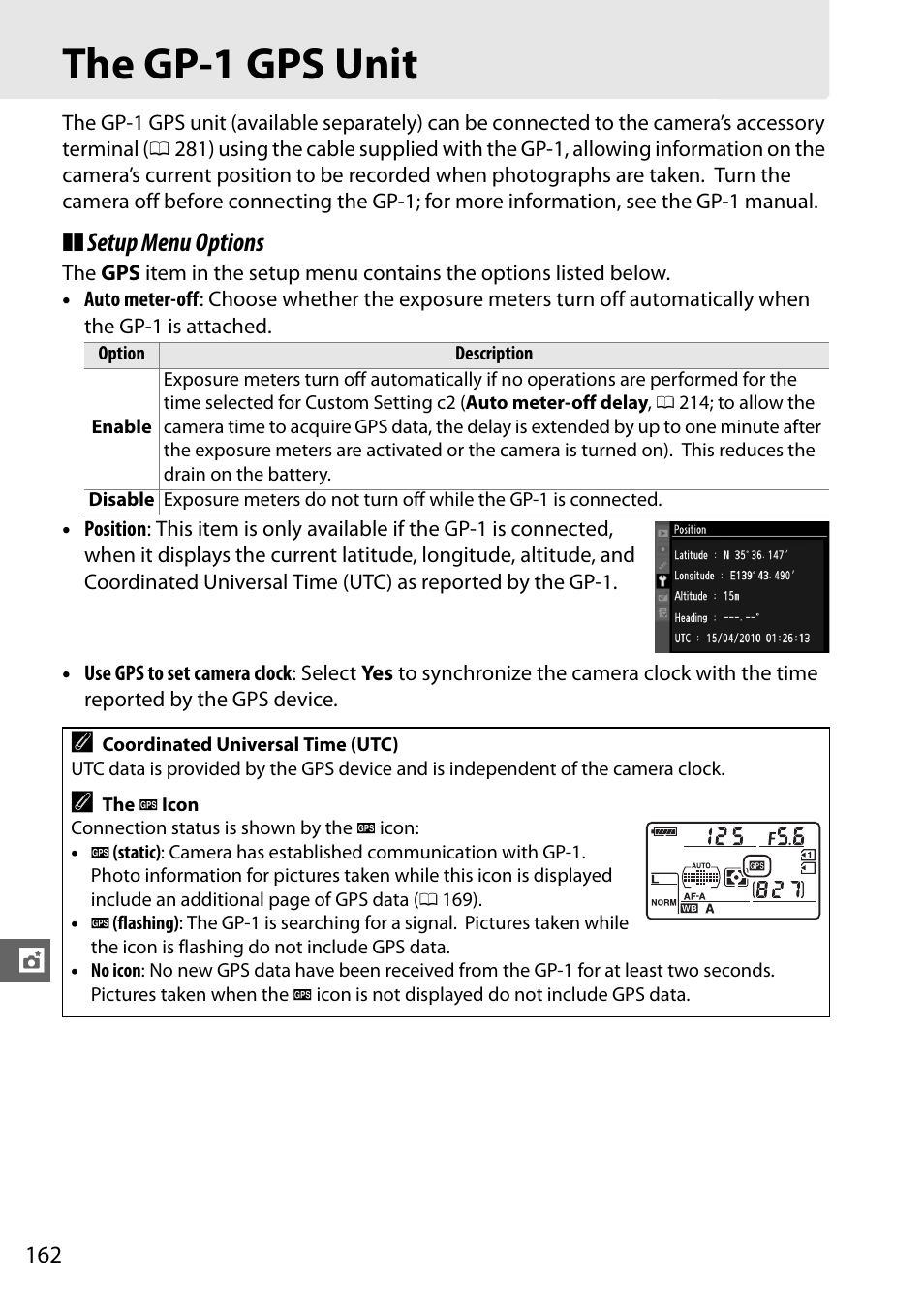 The gp-1 gps unit, Setup menu options | Nikon D7000 User Manual | Page 182 / 348