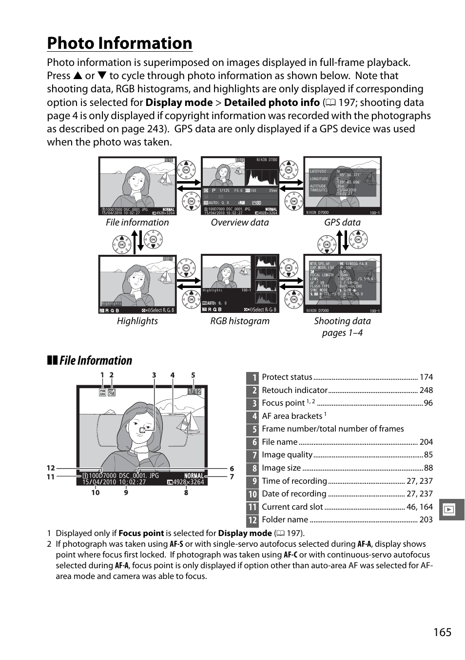 Photo information, File information, Protect status | Retouch indicator, Focus point, Af area brackets, Frame number/total number of frames, File name, Image quality, Image size | Nikon D7000 User Manual | Page 185 / 348