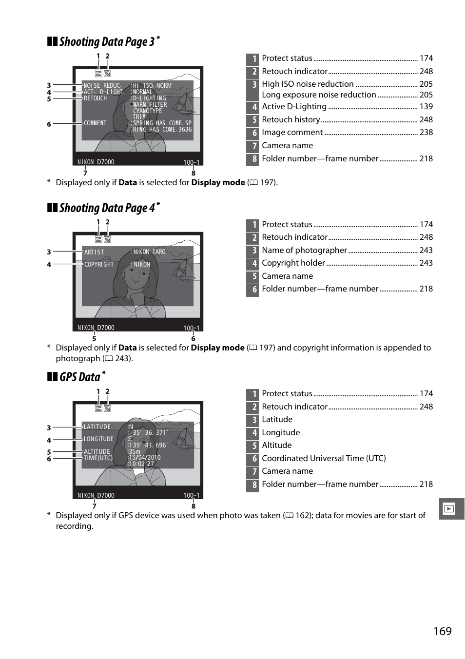 Shooting data page 3, Shooting data page 4, Gps data | Nikon D7000 User Manual | Page 189 / 348