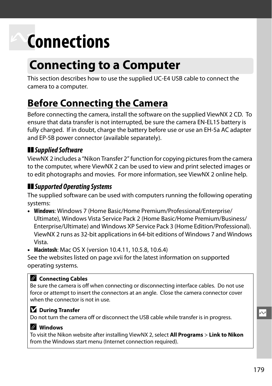 Connections, Connecting to a computer, Before connecting the camera | Nikon D7000 User Manual | Page 199 / 348