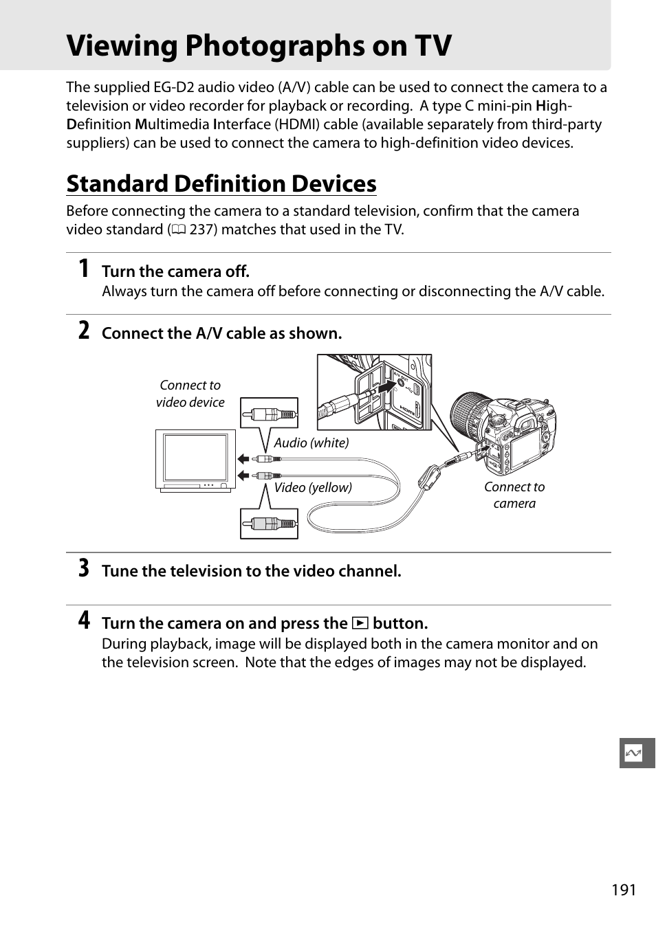 Viewing photographs on tv, Standard definition devices | Nikon D7000 User Manual | Page 211 / 348