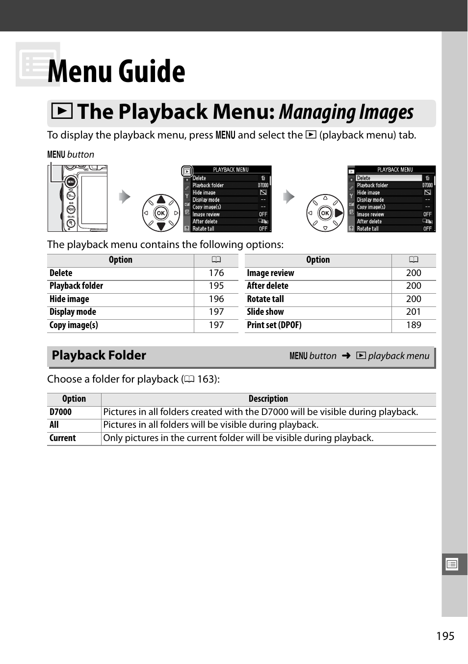 Menu guide, The playback menu: managing images, Playback folder | D the playback menu: managing images | Nikon D7000 User Manual | Page 215 / 348