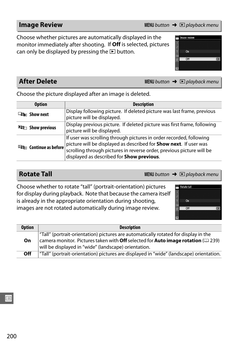 Image review, After delete, Rotate tall | Nikon D7000 User Manual | Page 220 / 348